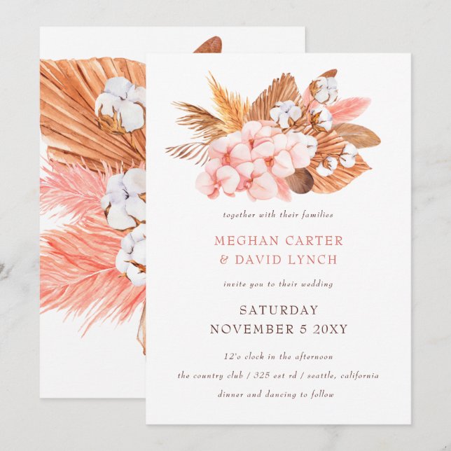 Rustic Boho Pampas Orchids Cotton Blush Wedding Invitation (Front/Back)