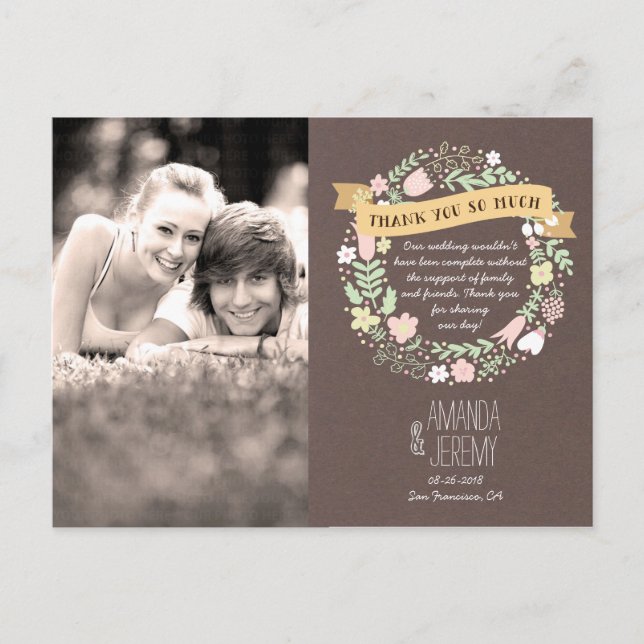 Rustic Boho Pastel Flower Wreath Thank You Postcard (Front)