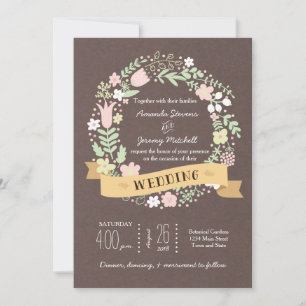 Rustic Boho Pastel Flower Wreath Wedding Invitation