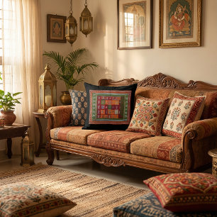 Rustic Boho Pattern Geometrical floral Throw Pillow