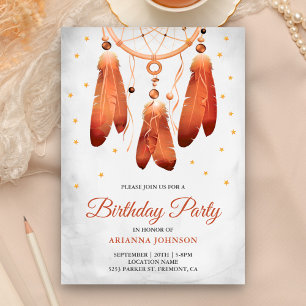 Rustic Boho Peach Dream Catcher Birthday Party Invitation