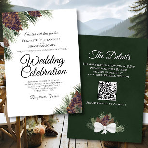 Rustic Boho Pinecones Elegant QR Code Wedding Invitation