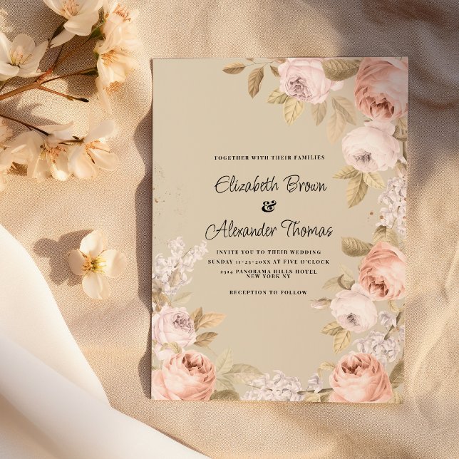 Rustic boho pink coral ivory floral wedding  invitation (Rustic boho pink coral ivory floral wedding)