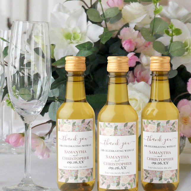 Rustic Boho Pink Floral Thank You Wedding Mini Wine Label (Creator Uploaded)
