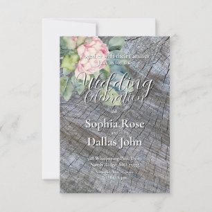 Rustic boho pink floral wedding invitation