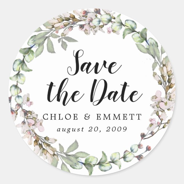 Rustic Boho Pink Floral Wedding Save the Date Classic Round Sticker (Front)