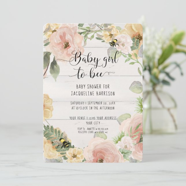 Rustic BOHO Pink Flowers Mommy to Bee Shower Invitation (Standing Front)