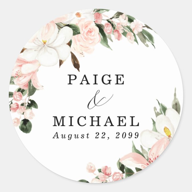 Rustic Boho Pink White Floral Wedding Classic Round Sticker (Front)