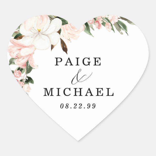Rustic Boho Pink White Floral Wedding Heart Sticker (Front)