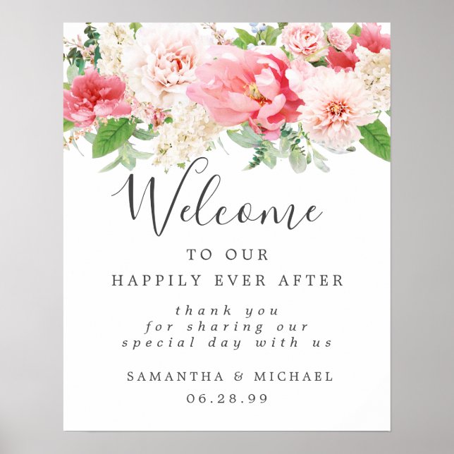 Rustic Boho Pink White Floral Wedding Welcome Sign (Front)