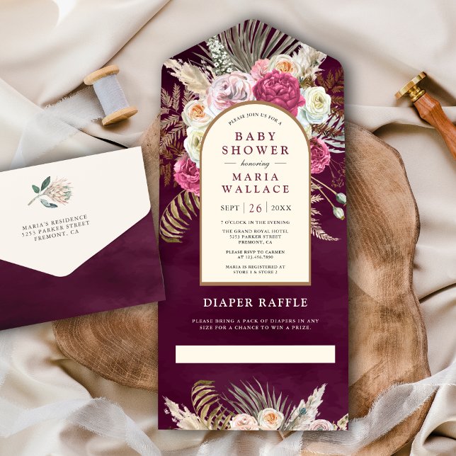 Rustic Boho Plum Floral Bouquet Arch Baby Shower All In One Invitation (Creator Uploaded)