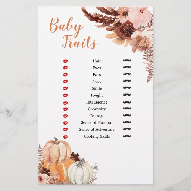 Rustic Boho Pumpkin Baby Shower Baby Traits Games (Front)
