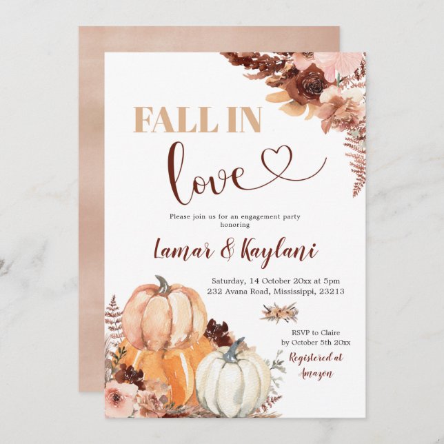 Rustic Boho Pumpkin Fall In Love Engagement Party Invitation (Front/Back)