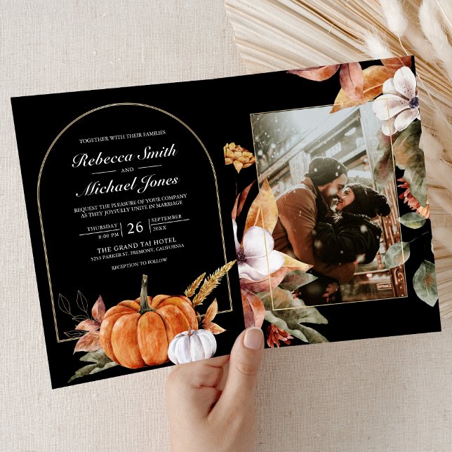Rustic Boho Pumpkin Photo QR Code Black Wedding Invitation (Creator Uploaded)