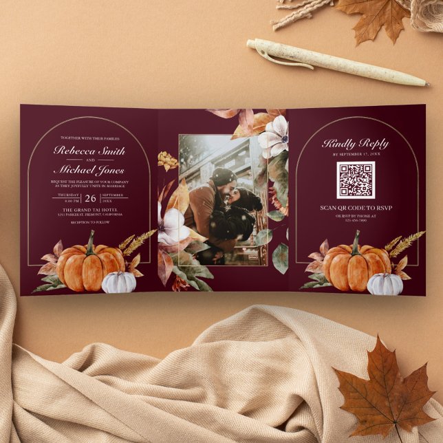 Rustic Boho Pumpkin Photo QR Code Burgundy Wedding Tri-Fold Invitation (Creator Uploaded)