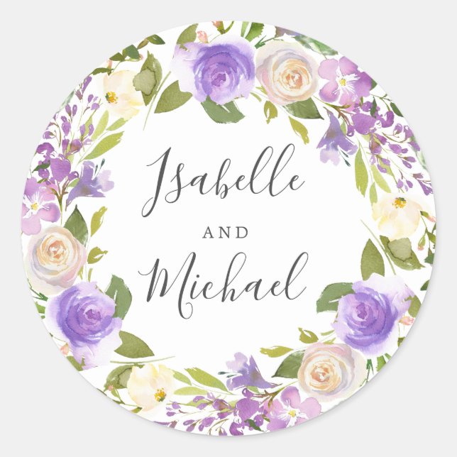 Rustic Boho Purple Floral Monogram Wedding Classic Round Sticker (Front)