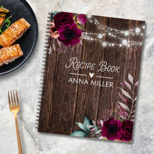 Rustic Boho Purple Flower Wood Recipe Cookbook Notebook