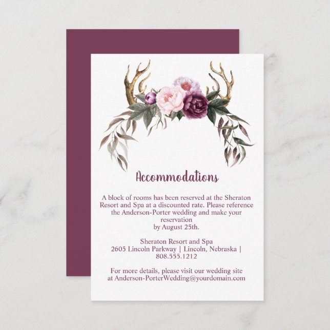 Rustic Boho Purple Peonies and Antlers Enclosure Card (Front/Back)