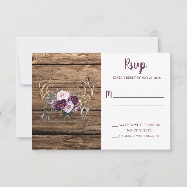 Rustic Boho Purple Plum Peonies Antlers RSVP Card (Front)