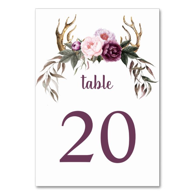 Rustic Boho Purple Plum Peonies Antlers Wedding Table Number (Front)