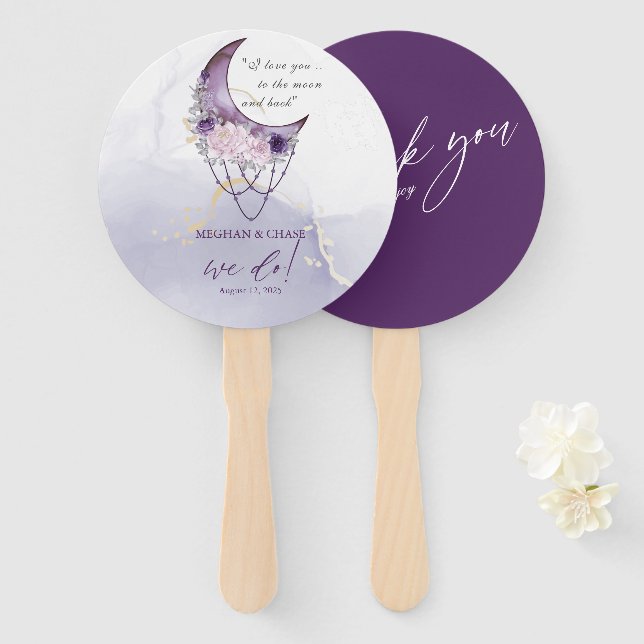 Rustic BOHO Purple Watercolor Crescent Moon  Hand Fan (Front and Back)