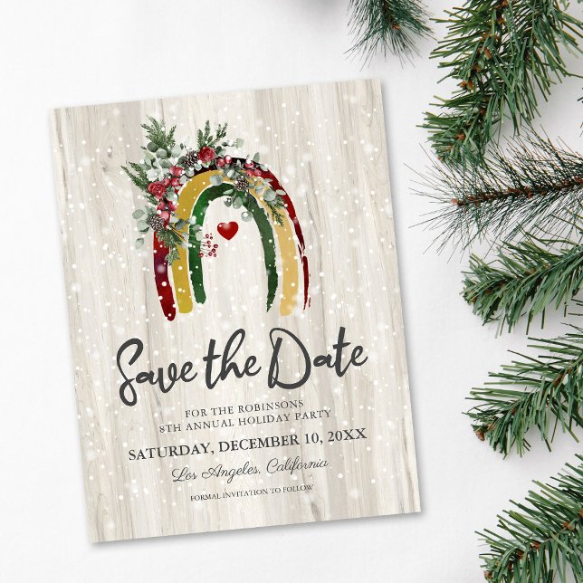 Rustic Boho Rainbow Christmas Party Save the Date Announcement Postcard (Creator Uploaded)