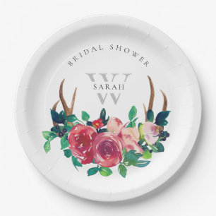 Rustic Boho Red Floral Stag Antlers Bridal Shower Paper Plate