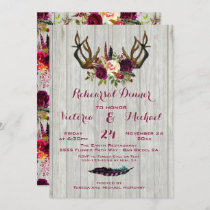 Rustic Boho Rehearsal Dinner with floral Antlers Invitation