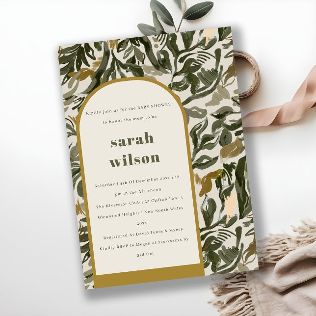 Rustic Boho Retro Arch Green Botanical Baby Shower Invitation (Creator Uploaded)