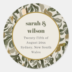 Rustic Boho Retro Arch Green Botanical Wedding Classic Round Sticker