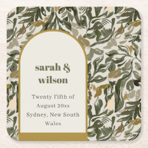 Rustic Boho Retro Arch Green Botanical Wedding Square Paper Coaster