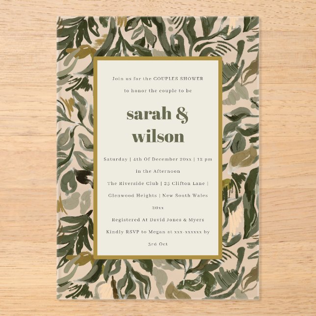 Rustic Boho Retro Green Botanical Couples Shower Acrylic Invitations (Front)