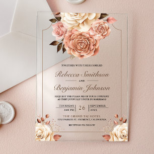 Rustic Boho Rose Gold Ivory Floral Wedding Acrylic Invitations