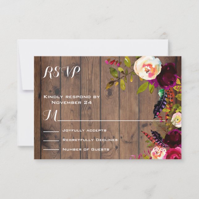Rustic Boho RSVP dark wood Card (Front)