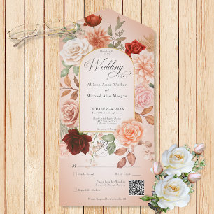 Rustic Boho Rust & Peach Floral Arch Blush QR Code All In One Invitation