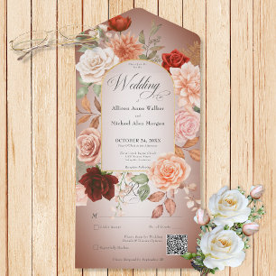 Rustic Boho Rust & Peach Floral Arch Rust QR Code All In One Invitation