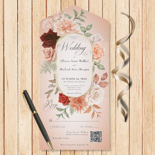 Rustic Boho Rust & Peach Floral Oval Blush QR Code All In One Invitation