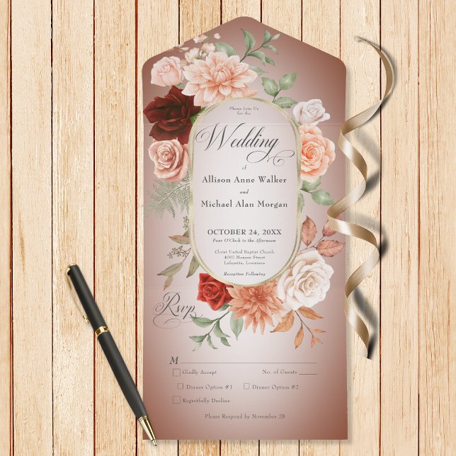 Rustic Boho Rust & Peach Floral Oval Rust Dinner All In One Invitation (Also available with a QR code or without dinner options.)