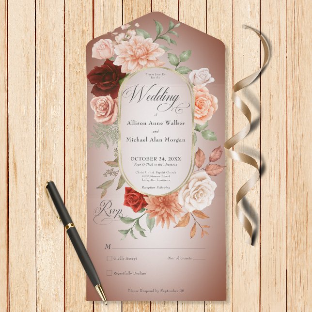 Rustic Boho Rust Peach Floral Oval Rust No Dinner All In One Invitation (Also available with a QR code or with dinner selection options.)