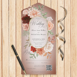 Rustic Boho Rust & Peach Floral Oval Rust QR Code All In One Invitation