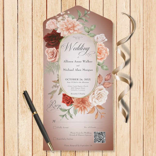 Rustic Boho Rust & Peach Floral Oval Rust QR Code All In One Invitation (Also available without a QR code; with or without dinner selection options.)