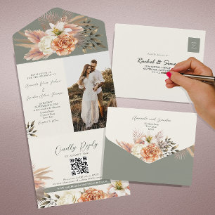 Rustic Boho Sage Green Floral Wedding All In One Invitation