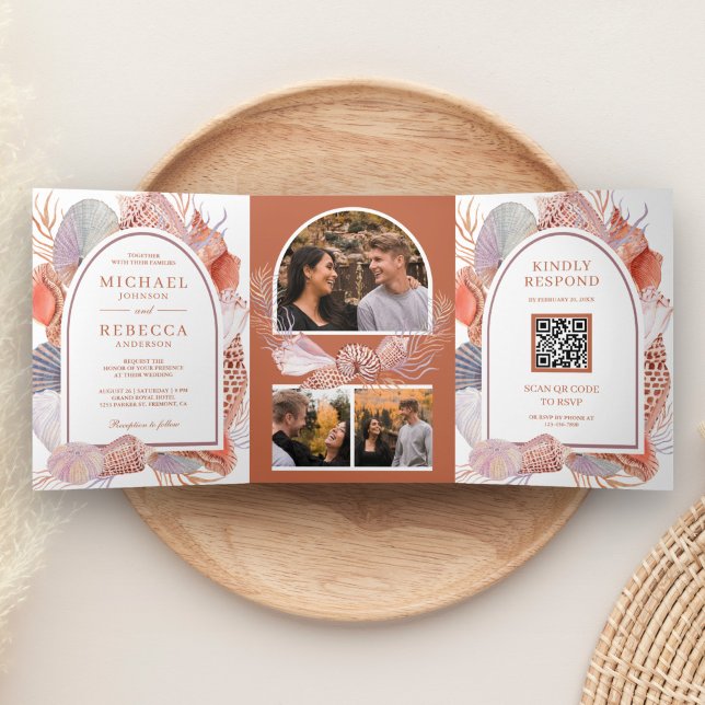 Rustic Boho Seashells Nautical QR Code Wedding Tri-Fold Invitation (Creator Uploaded)