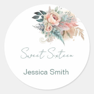 Rustic Boho Silver & Pink Floral Sweet Sixteen Classic Round Sticker