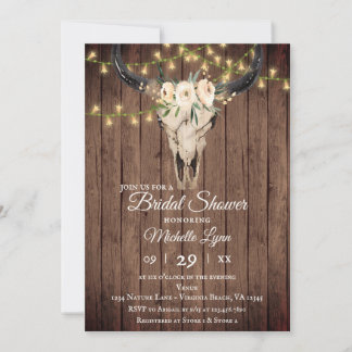 Rustic Boho Skull and Lights on Wood Bridal Shower Invitation