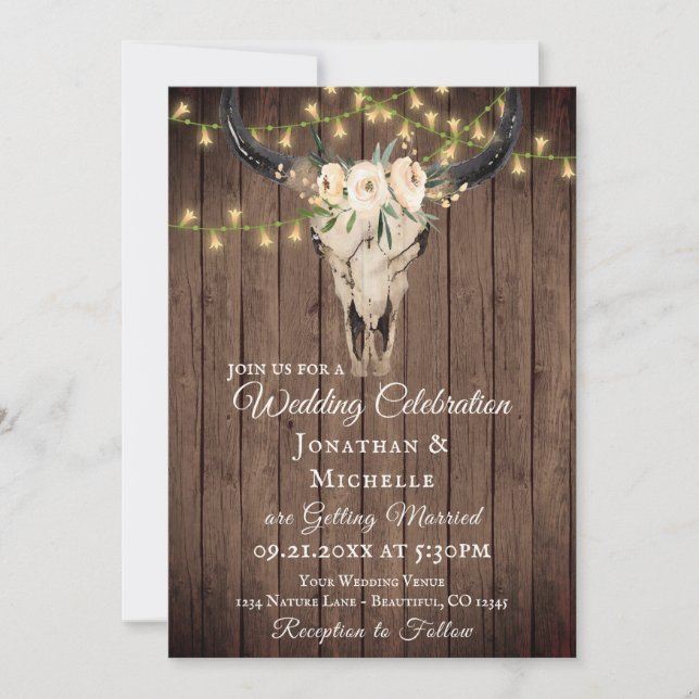 Rustic Boho Skull and Lights on Wood Wedding Invitation (Front)