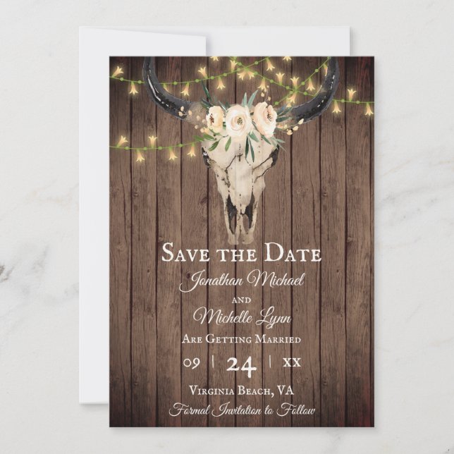 Rustic Boho Skull and Lights on Wood Wedding Save The Date (Front)