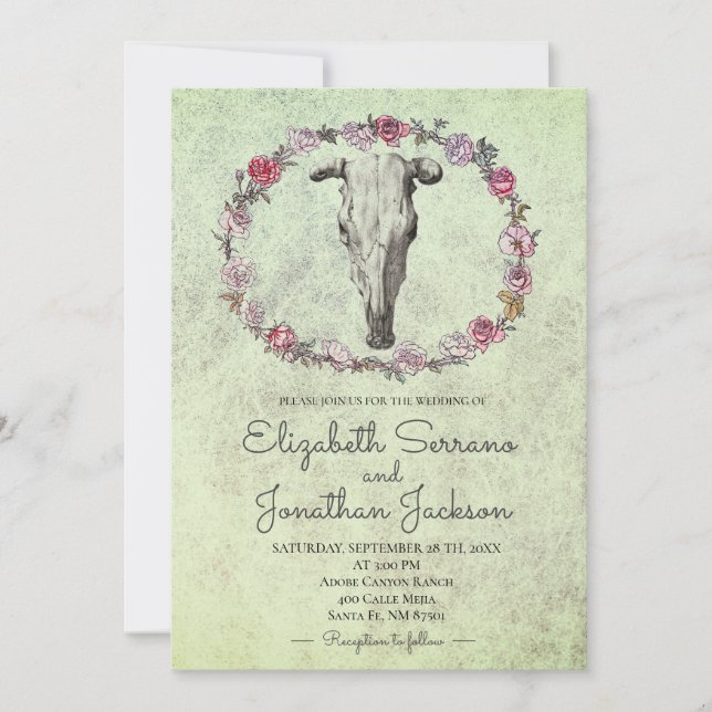 Rustic Boho Southwest Cow Skull & Roses Floral Invitation (Front)