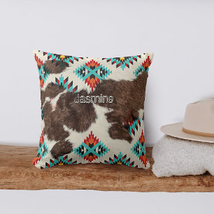 Rustic Boho Southwestern Cowhide Aztec Pattern Throw Pillow