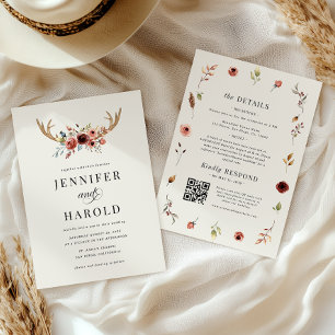 Rustic Boho Stag Deer Antlers All in One Wedding Invitation